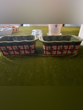 Set of 2 Ceramic Bird Plaid Mini Loaf Pans